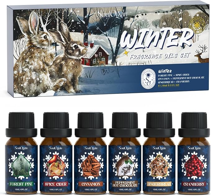 Winter Essential Oils Set, Fragrance Oil Gift Set for Oil Diffusers, Scented Oils for Soap 6x10ml - Forest Pine, Spiced Apple Cider, Cinnamon, Mint Hot Chocolate, Gingerbread, and Cranberry