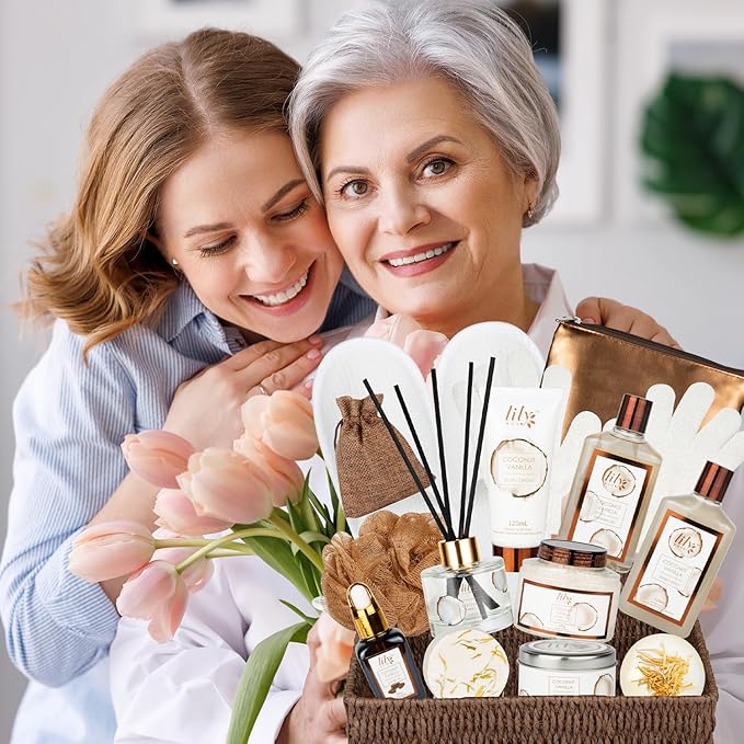 Mothers Day Gifts for Mom Coconut Vanilla Spa Gift Basket for Women 17-Piece Luxury Bath and Body Basket Set with Shower Gel Diffuser Relaxing Self Care Pampering Gifts for Her Birthday Bridal Shower