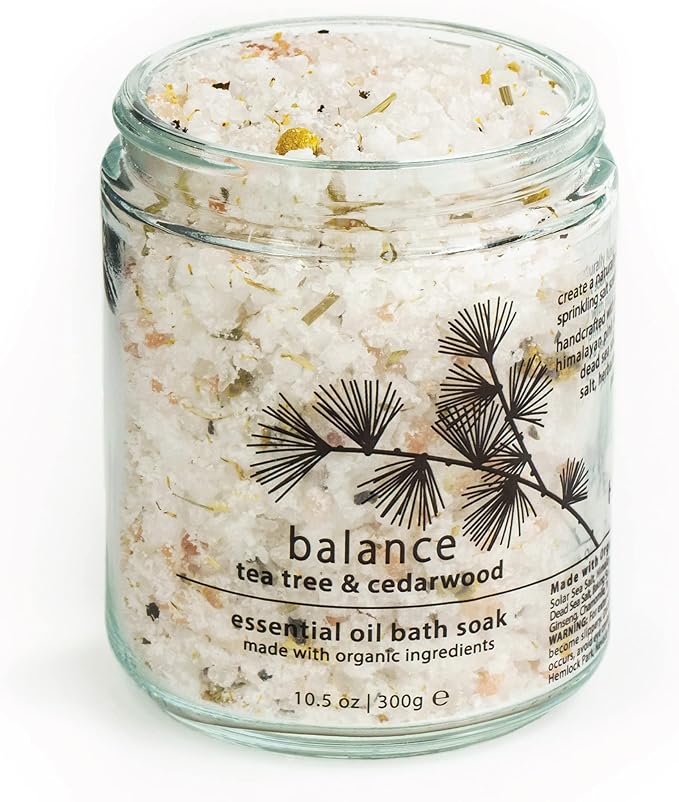 Hemlock Park Balance Essential Oil Bath Soak | Naturally Soothing Mineral Sea Salt and Botanicals | 10.5 oz Jar | Tea Tree & Cedarwood