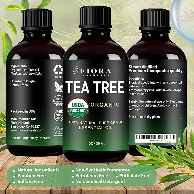 Tea Tree Essential Oil by Fiora Naturals- 100% Pure Organic Oil, for Face, Hair, Skin, Acne, Scalp, Foot and Toenails. Melaleuca Alternifolia, 1 oz /30ml