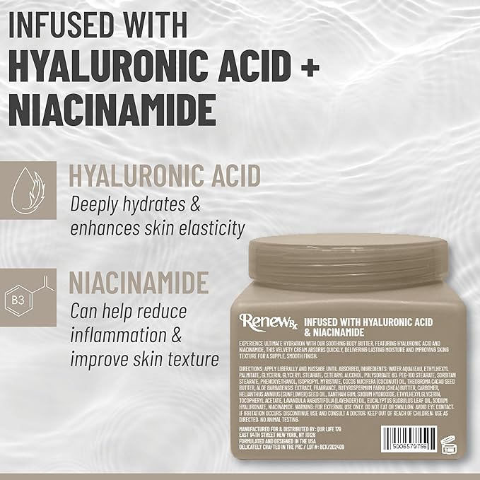 Hyaluronic Acid + Niacinamide Body Butter for Dry Skin – Deep Hydrating Skin Care, Skin Perfecting Vegan Skincare, 16 oz