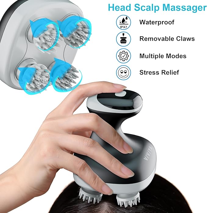 Electric Scalp Massager, Portable Rechargeable Head Massager with 8 Removable Massage Claws, Waterproof Handheld Hair Scalp Scratcher for Full-Body Massage and Stress Relax