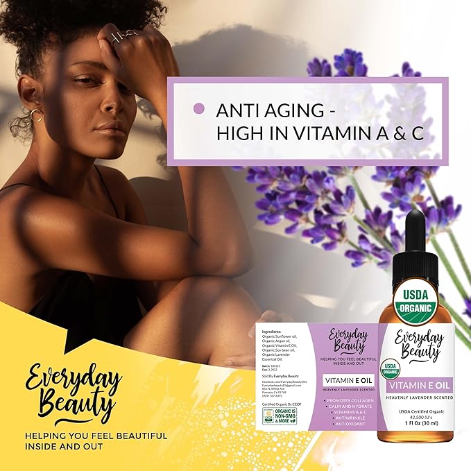 Organic Vitamin E Oil - Heavenly Lavender Scented USDA Certified 100% All Natural Plant Based 1 Fl Oz Glass Bottle & Dropper - Lightweight and Great for Scars After Surgery - For Face, Skin and Nails