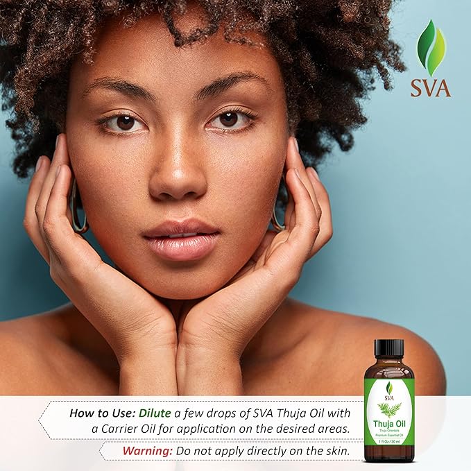 SVA Thuja Essential Oil – 1 Fl Oz – 100% Natural Thuja Oil - for Diffuser, Hair Care, Face, Skin Care, Aromatherapy, Scalp and Body Massage, Soap and Candle Making - with Dropper