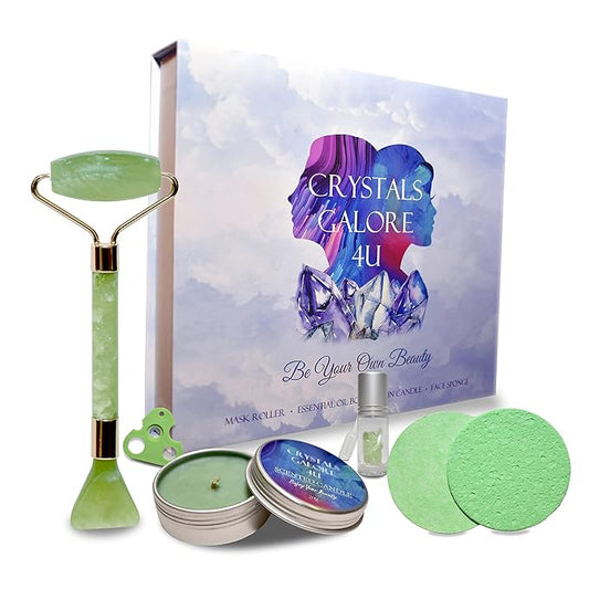 Jade Face Roller - Green Gua Sha Face Roller Kit for Skin Care | Kit Includes Jade Face Roller & Scraper Tool, Face Sponge, Scented Candle, & Crystal Essential Oil Bottle
