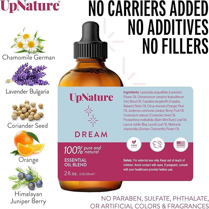 UpNature Dream Sleep Essential Oil - 2 Oz – Sleep Peacefully, Soothing Scent, Calming, Serenity - Undiluted, Non-GMO, Aromatherapy with Dropper