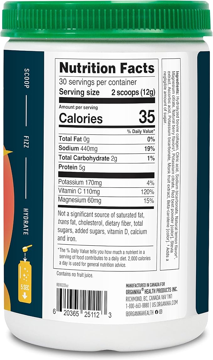 Organikа Electrolytes with Enhanced Collagen Powder for Women & Men - 360g - Zesty Lemon Berry-Flavored Effervescent Electrolyte & Collagen Drink Mix - Deep Hydration, Mobility, Skin, Hair, & Nails