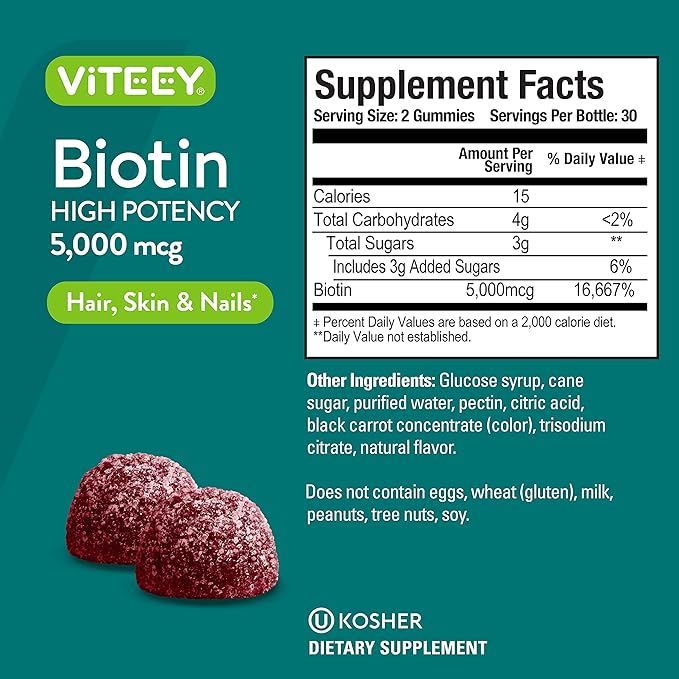 Biotin Gummies for Hair Skin Nails 5,000mcg - Hair Growth Gummies, Healthy Skin Glow, Strong Healthy Nail Growth - Vegan, Gluten Free, Gelatin Free, GMO Free - Tasty Chewable Raspberry Flavor