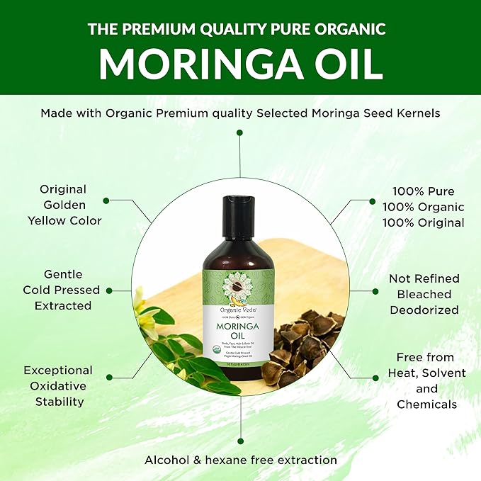 Organic Veda Moringa Oil - Pure Cold Pressed Organic Moringa Seed Oil - Natural Face Oil for Women, Moisturizing Hair Oil - Virgin Moringa Oleifera Oil for Skin, Body, Scalp Care & Nails - 16 fl.oz