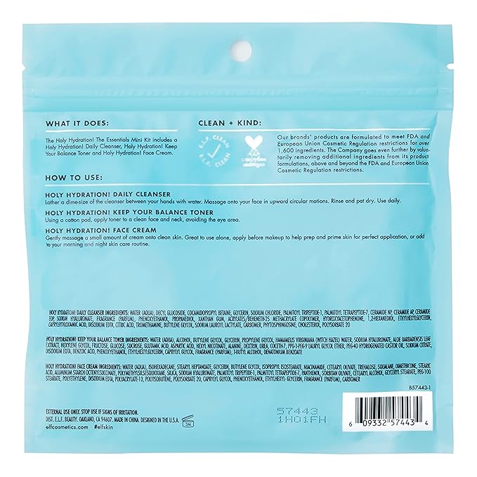 e.l.f. Skin Holy Hydration! The Essentials Mini Kit, Cleanser, Toner & Moisturizer for Hydrated & Balanced Skin, TSA-Friendly Sizes