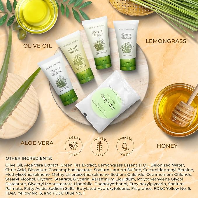 Desert Breeze Amenity Kit | Boxed Hotel Toiletries Bulk Set | 1 oz Shampoo, Conditioner, Lotion, Body Wash & Body Bar Soap | 60 Sets per Case