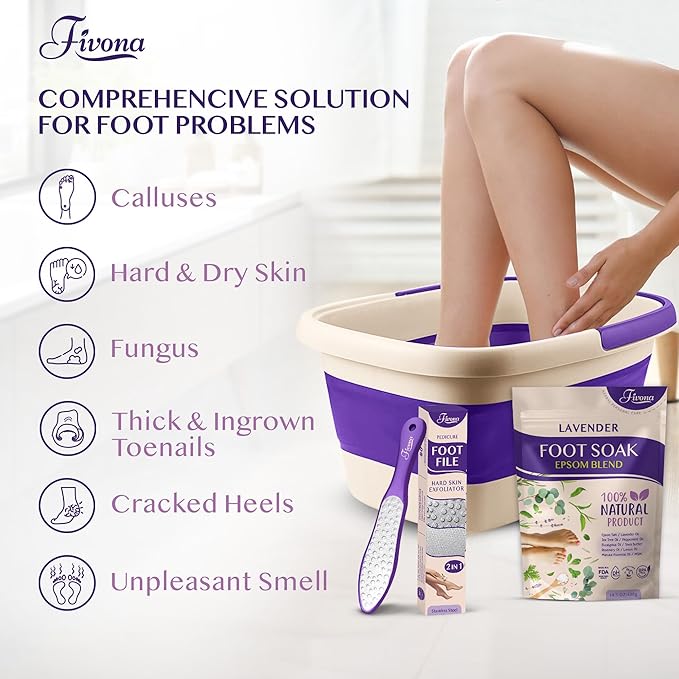 Fivona Foot Care Kit 3 in 1 - Foot Soak Blend with Epsom Salt, Lavender and Essential Oils - Collapsible Foot Soak Basin - Dual Action Foot File