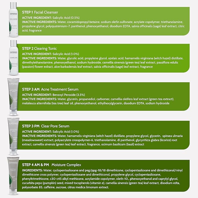 Exposed Skin Care Expanded Acne Treatment Kit - Includes Salicylic Acid Face Wash, Clearing Tonic, Treatment Serum with Benzoyl Peroxide, Clear Pore Serum, Moisture Complex - Made for All Skin Types