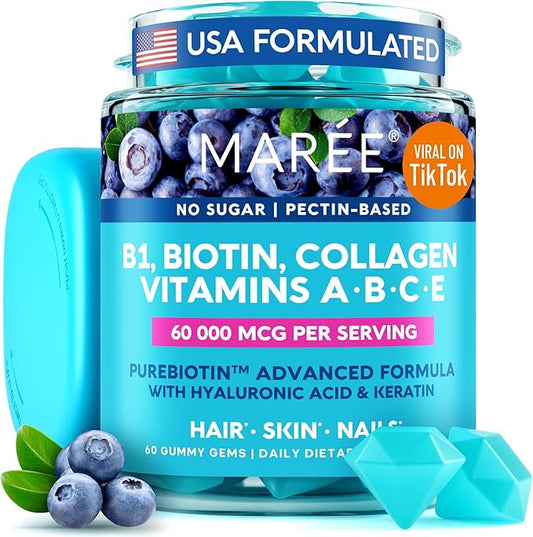MAREE Vitamin B1 Thiamine & B7 Biotin Gummies - A E D C Vitamins Complex with Keratin, Collagen, Hyaluronic & Pantothenic Acid for Skin, Nails & Hair