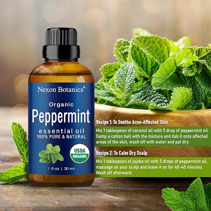 Organic Peppermint Essential Oil 30 ml - Pure Natural Mint Oil for Aromatherapy, Diffusers, Hair & Skin Care - Undiluted Menthol - Nexon Botanics