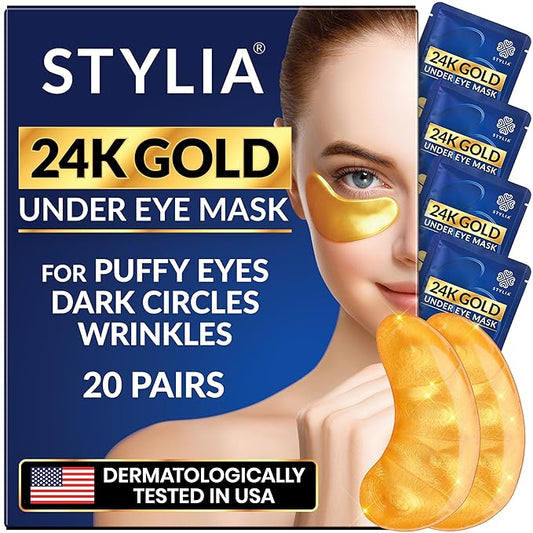 Stylia Under Eye Patches for Dark Circles and Puffy Eyes (20 Pairs) - 24k Gold Collagen Mask with Hyaluronic Acid, Eye Masks for Dark Circles and Puffiness, Gifts for Women, Valentines Day Gifts