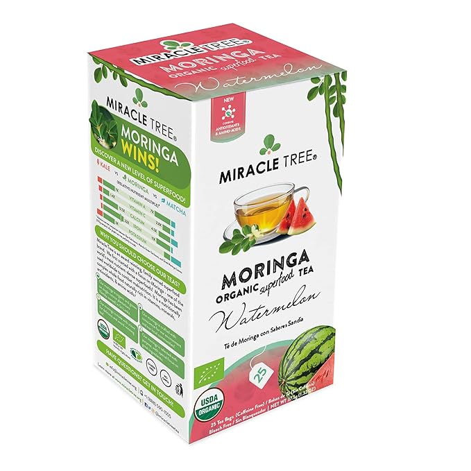 Miracle Tree - 3 Count of Organic Moringa Superfood Tea, 25 Individually Sealed Tea Bags, Watermelon (Keto, Detox, Energy/Immunity Booster, Vegan, Gluten-Free, Organic, Non-GMO, Caffeine-Free)