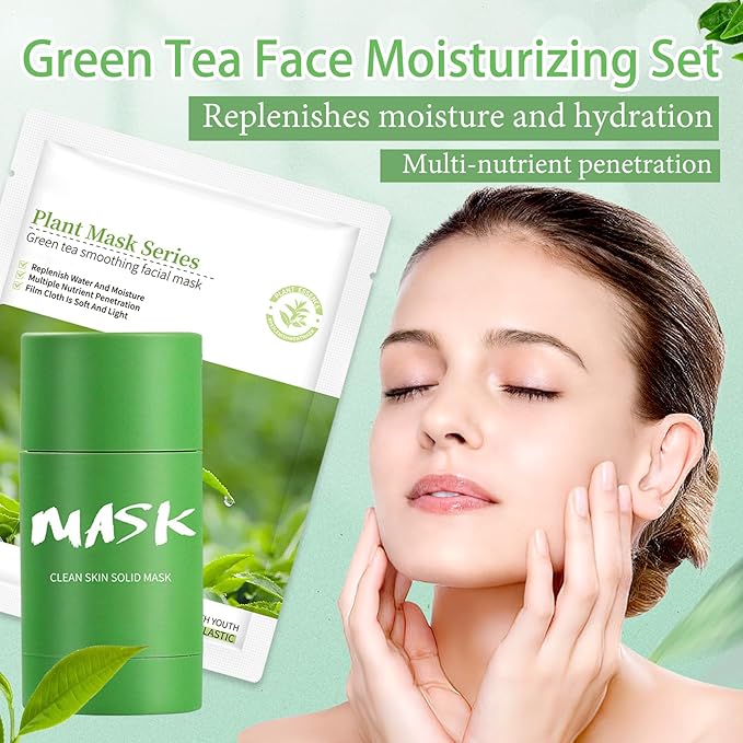 5PCS Green Tea Face Sheet Masks Set, 2PCS Oil Control Long Lasting Moisturizing Blackhead Remover Facial Mask Clay Stick, Deep Pore Cleansing Face Mask Skin Care for All Skin Types（7PCS）