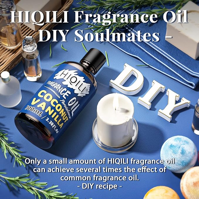 HIQILI Coconut Vanilla Fragrance Oil 100ml, Essential Oil for Diffuser Soap Candle Making Slime Scents, Scented Oils for Aromatherapy Car Freshies 3.38 Fl Oz