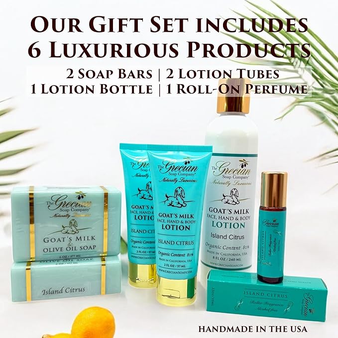 Deluxe Bathtub Gift Set, 6pcs Goat Milk & Olive Oil Skin Care Set, Birthday Gifts for Women, Bridal Shower Gifts, Gifts for Mom, Island Citrus Scent, Handmade in the USA