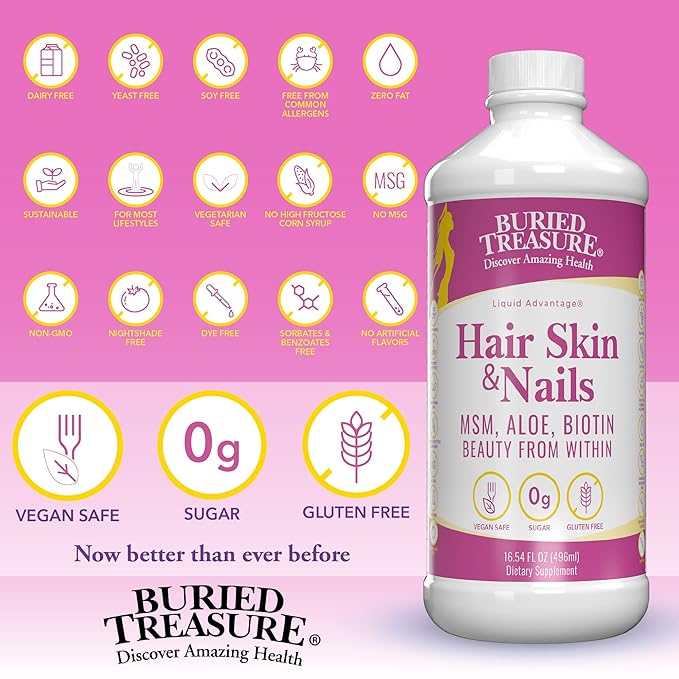 Buried Treasure Hair, Skin and Nails with MSM Biotin Aloe Vera plus Vitamins and Minerals in a High Potency Liquid Whole Food Complex for Fuller Hair, Stronger Nails and Clearer Skin 16 oz