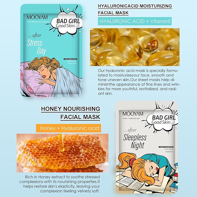 Face Masks Skincare Set for Girl,Moisturizing Collagen Facial Masks for Women Home Spa,Hyaluronic Acid Face Mask for All Skin Types,Day Night Facial Mask Hydrating,Deep Cleaning,Oil Contral(12Pack)
