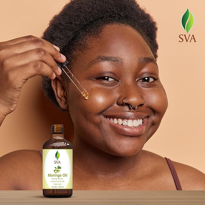 SVA Moringa Seed Oil - 4 Fl Oz – 100% Natural Cold Pressed Moringa Oil - for Face, Skin Care, Hair Care, Scalp Massage & Body Massage – Carrier Oil with Dropper