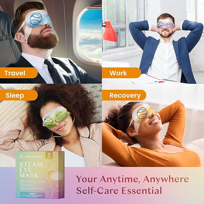 Body Restore Self Heated Steam Eye Mask 5 Pack - Fathers Day Unique Gifts for Dad, Relaxation Gifts for Her and Him, Best Friend, Stye Eye Treatment, Travel Essentials - Variety