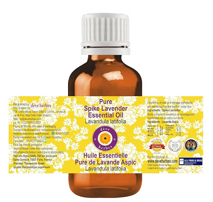 Deve Herbes Pure Spike Lavender Essential Oil (Lavandula latifolia) Steam Distilled 100ml (3.38 oz)