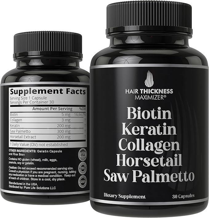 Biotin (5000mcg), Keratin, Collagen, Horsetail, Saw Palmetto – 5-in-1 Hair Growth Supplement & Vitamins for Women & Men, DHT Blocker Capsules for Thinning - Hair Growth Vitamins