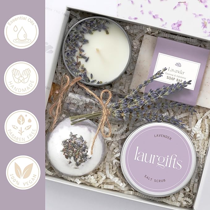 Lavender Spa Gift Set for Moms & Teachers – Gift Basket for Her - Thoughtful Gifts for Mother’s Day - Teacher Appreciation Gifts - Spa-Inspired at Home - Self-Care Essentials