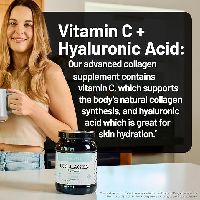 NatureWise Collagen Peptides Powder with Hyaluronic Acid and Vitamin C - Unflavored Collagen Peptides for Women & Men - Type I & III for Hair, Skin & Nails - Sugar, Gluten & Dairy Free - 60 Servings