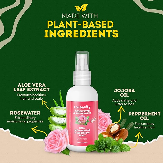 Locsanity Rosewater and Peppermint Daily Moisturizing Spray – Trial Size Hydrating Dreadlock Spray to Nourish The Scalp and Protect Hair from Oil and Buildup (4oz)