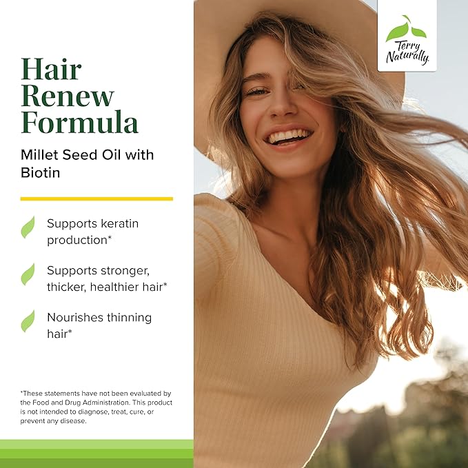Terry Naturally Hair Renew Formula - Hair Growth Support Supplement with Horsetail Biotin & Folic Acid - Millet Seed Oil for Keratin Production Support - 60 Softgels