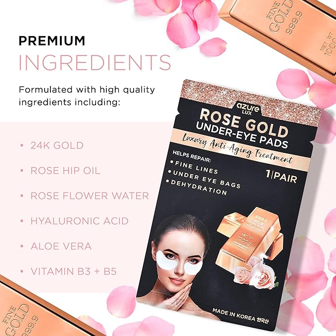 Azure Cosmetics Rose Gold Luxury Anti Aging Under Eye Pads - Lifting, Smoothing & Hydrating Eye Mask Patches - Reduces Fine Lines, Wrinkles, Dark Circles & Puffiness - Made in Korea - 5 Pairs