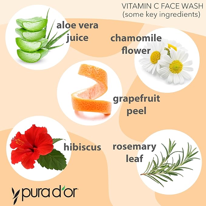 PURA D'OR Vitamin C Face Wash (8oz x3 = 24oz) Antioxidant Rich Facial Cleanser For Radiant Glow & Even Skin Tone - Gentle, Refreshing, Nurturing, Hydrating, Sulfate & Paraben Free Formula