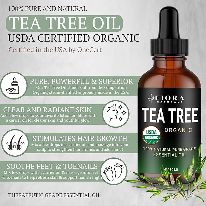 Tea Tree Essential Oil by Fiora Naturals- 100% Pure Organic Oil, for Face, Hair, Skin, Acne, Scalp, Foot and Toenails. Melaleuca Alternifolia, 1 oz /30ml