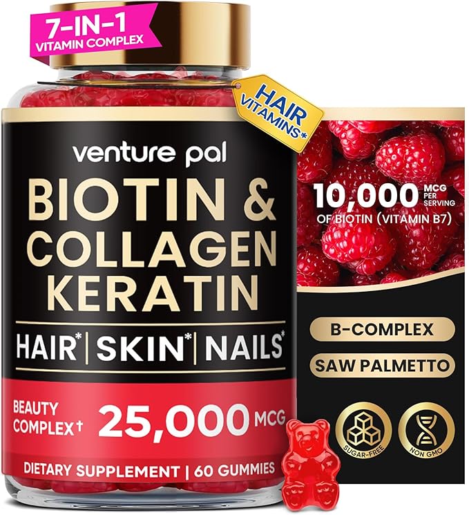 Venture Pal Biotin Gummies with Collagen & Keratin - Hair Growth Support Skin and Nail Strength Vitamins for Women & Men - Biotin 10000mcg | B-Complex | Saw Palmetto - Sugar Free, Non-GMO, 60ct