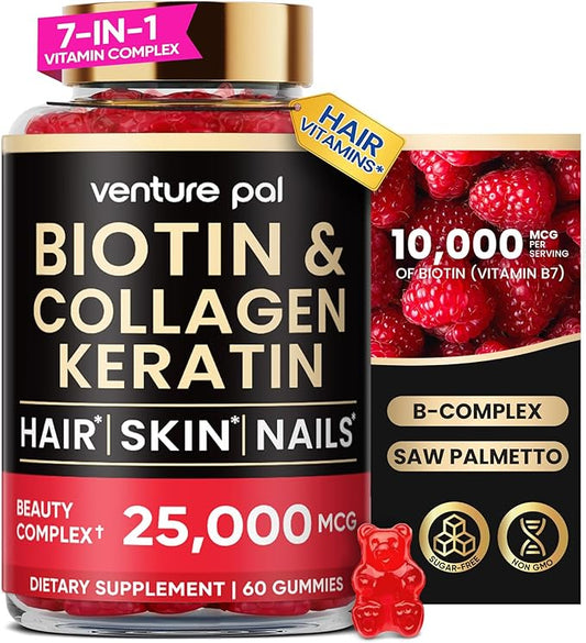 Venture Pal Biotin Gummies with Collagen & Keratin - Hair Growth Support Skin and Nail Strength Vitamins for Women & Men - Biotin 10000mcg | B-Complex | Saw Palmetto - Sugar Free, Non-GMO, 60ct