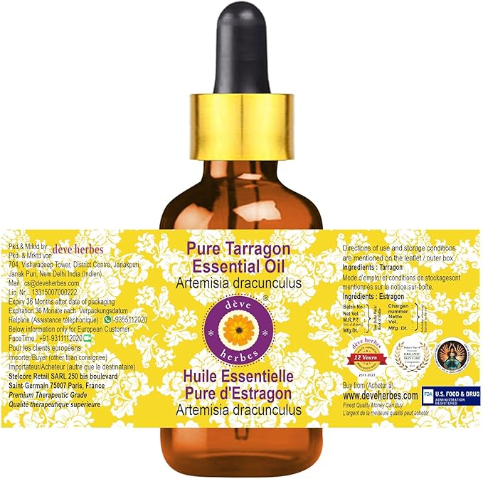 Deve Herbes Pure Tarragon Essential Oil (Artemisia Dracunculus) with Glass Dropper Steam Distilled 10ml (0.33 oz)