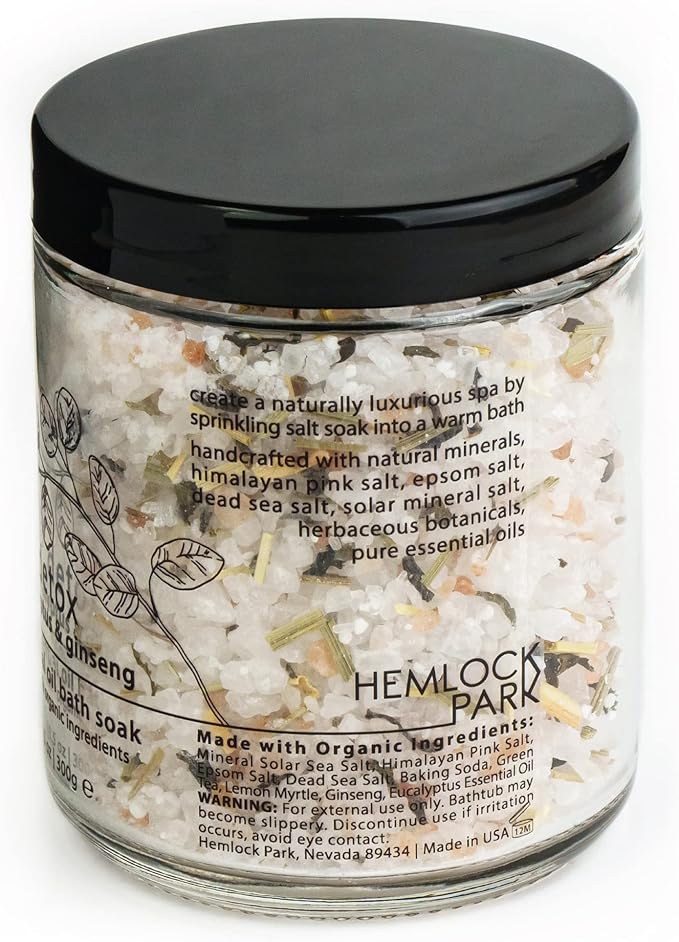 Hemlock Park Detox Essential Oil Bath Soak | Naturally Soothing Mineral Sea Salt and Botanicals | 10.5 oz Jar | Eucalyptus & Ginseng