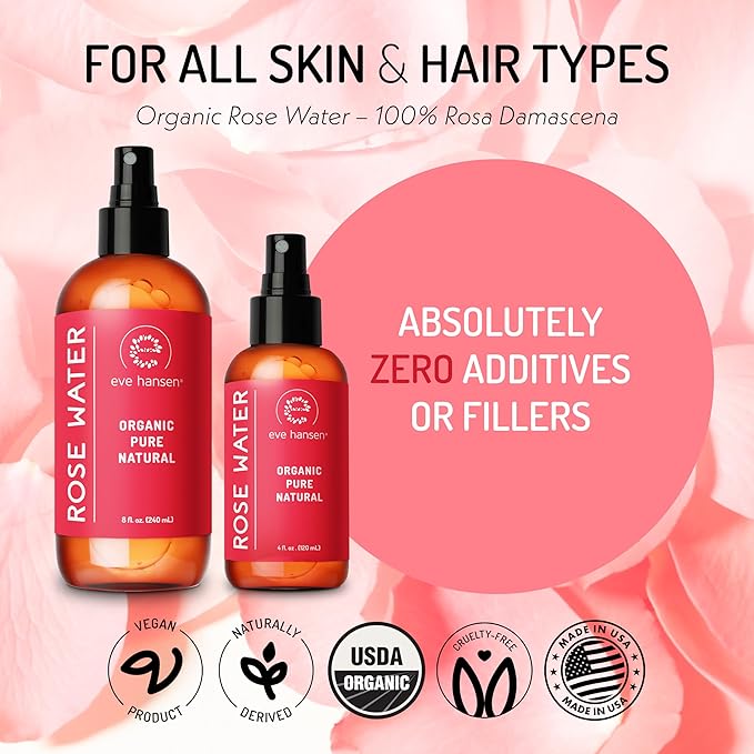 Eve Hansen Skincare Duo: Organic Rose Water Spray (8 oz) & Collagen Face Mask Sheets (Set of 5) – Hydrating & Soothing Care with Hyaluronic Acid & Botanical Extracts – Set of 2 Products