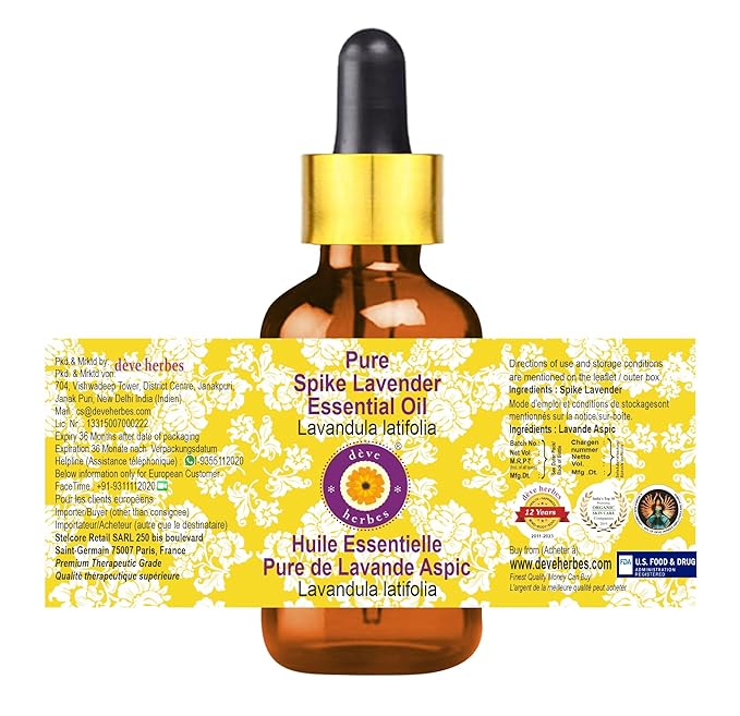 Deve Herbes Pure Spike Lavender Essential Oil (Lavandula latifolia) with Glass Dropper Steam Distilled (Pack of Three) 100ml X 3 (10 oz)
