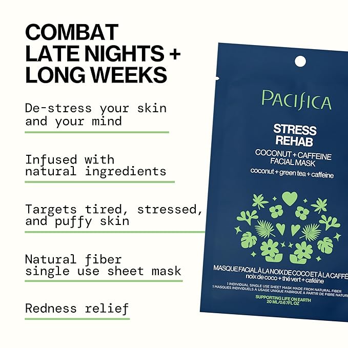 Pacifica Sheet Mask - Stress Rehab Coconut & Caffeine Facial Mask - 12-PACK De-Stress Sheet Mask for Redness & Puffiness Relief, Infused w/Green Tea, Turmeric & Hyaluronic Acid Cruelty-Free Skincare