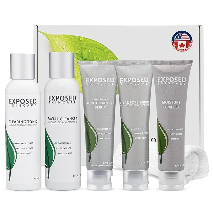 Exposed Skin Care Expanded Acne Treatment Kit - Includes Salicylic Acid Face Wash, Clearing Tonic, Treatment Serum with Benzoyl Peroxide, Clear Pore Serum, Moisture Complex - Made for All Skin Types