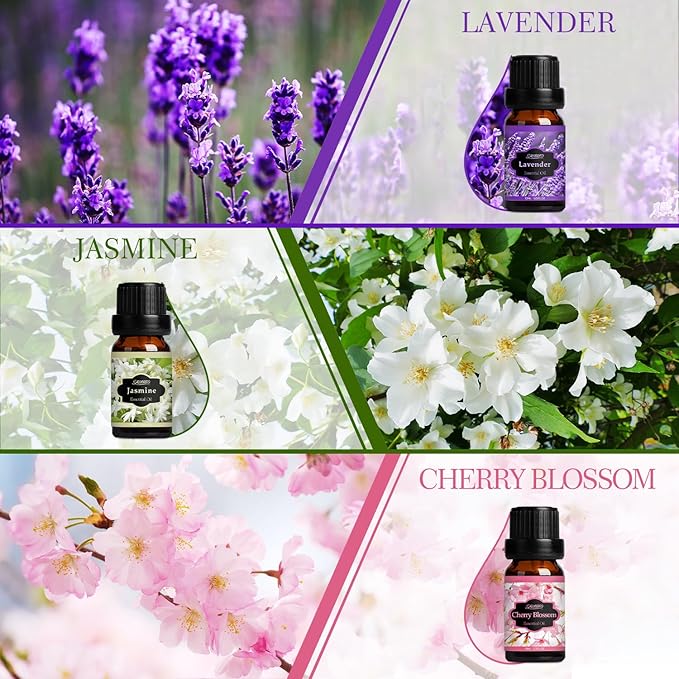 SALUBRITO Floral Fragrance Oils Set, Essential Oils for Diffuser & Candle Making Scents, 6x10ml Aromatherapy Oils Gift Set - Jasmine, Lavender, Rose, Gardenia, Cherry Blossom, Honeysuckle Oil