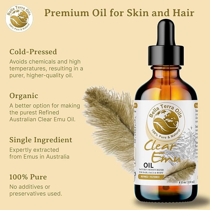 Bella Terra Oils - Clear Emu Oil 4oz - Inspired by Nature's Perfection, High in Omega-3 & Omega-6 Acids, Skin's Best Companion for Moisturization