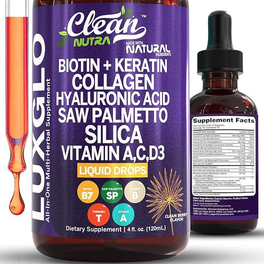 Biotin Liquid Drops Collagen Keratin Hyaluronic Acid Saw Palmetto for Hair Skin and Nails Silica Vitamin A C Vitamin D Bamboo Turmeric Zinc Folate Magnesium Horsetail LuxGlo by Clean Nutra - 2Pack