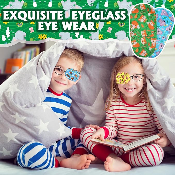 Newcotte 12 Pcs Eye Patch for Kids Toddler Reusable Adjustable Girls Boys Eyepatch for Glasses Left or Right Eye Patch, Assorted Patterns(Jungle Animal)