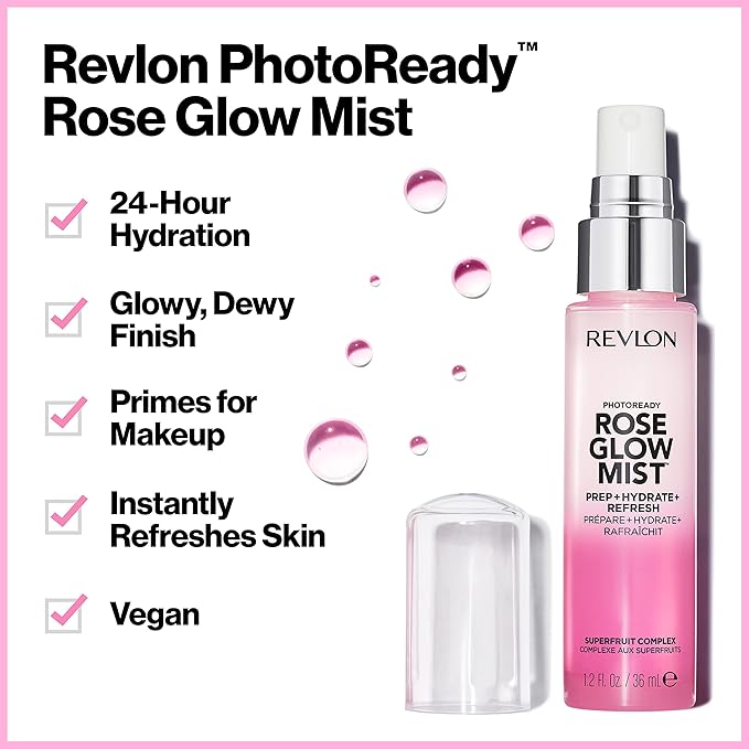 Revlon PhotoReady Rose Glow Mist Face Primer, Prep, Hydrate & Refresh Spray with Sheer Coverage, Infused with Nourishing Oils And Super Fruit Complex, 1.2 fl oz